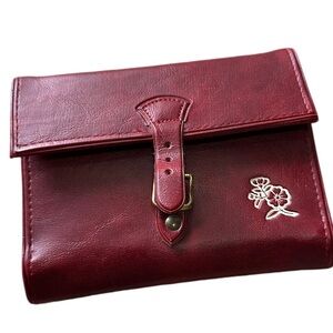 Vintage Red Leather Jewelry Travel Wallet with Buckle Closure, & Velvet Pockets